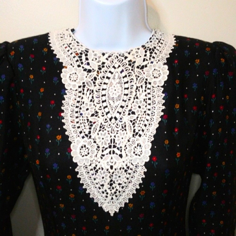 Gunne Sax Rare Vintage Cottageore Style Lace Collared Black Floral Midi Dress - Picture 4 of 14